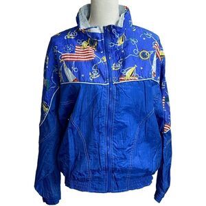 Vintage Active Exposure Blue Graphic Nautical Americana Windbreaker Womens Sz L 